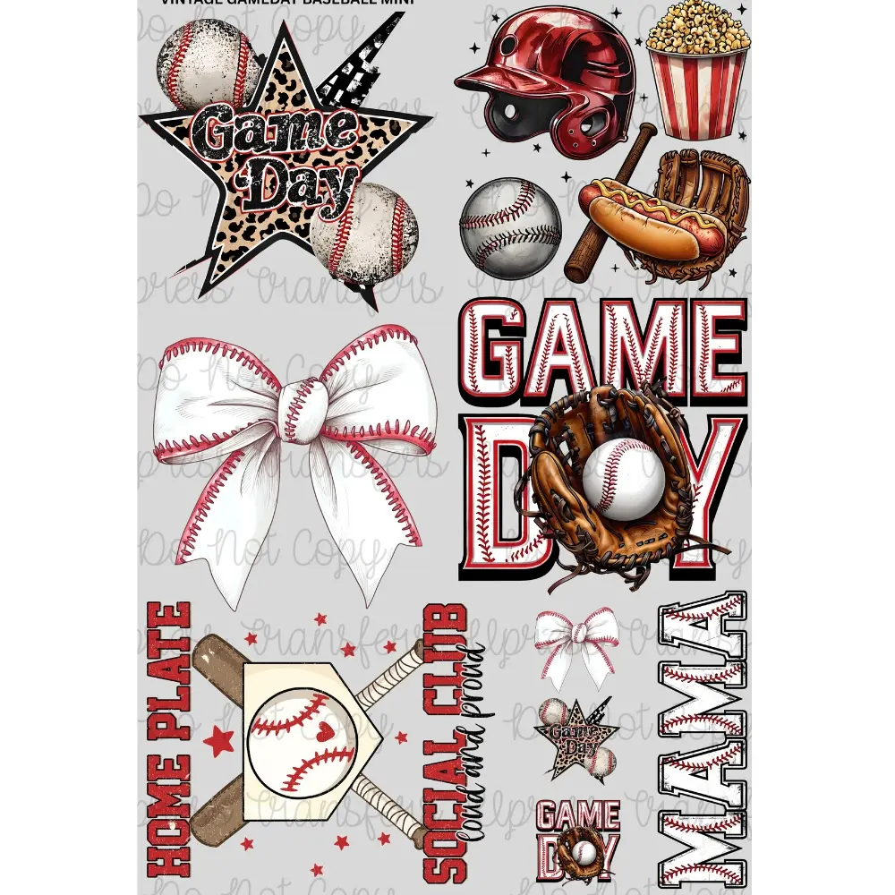Vintage Gameday Baseball Mini DTF Transfer Gang Sheet 24.5" Wide x 36" Long Direct To Film Trendy Vibrant Designs for Stylish Wardrobe