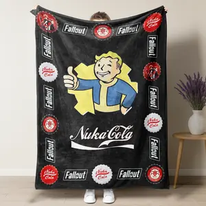 Fallout Vault Boy Nuka Cola Blanket – Retro Gaming Collage Design with Iconic Vault Boy, Nuka Cola & Red Rocket Logos, Perfect for Gamer Room Decor, Ideal Gift for Fallout Fans