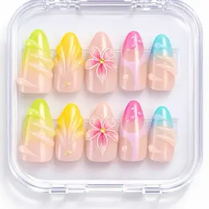 Sugarcoat Nails Handcrafted Luxury Colorful Gel Press-On Nails with 3D Art | Reusable & Sturdy, Glue Included - Colorful Wet Birthday & Party  Style, Almond & Square