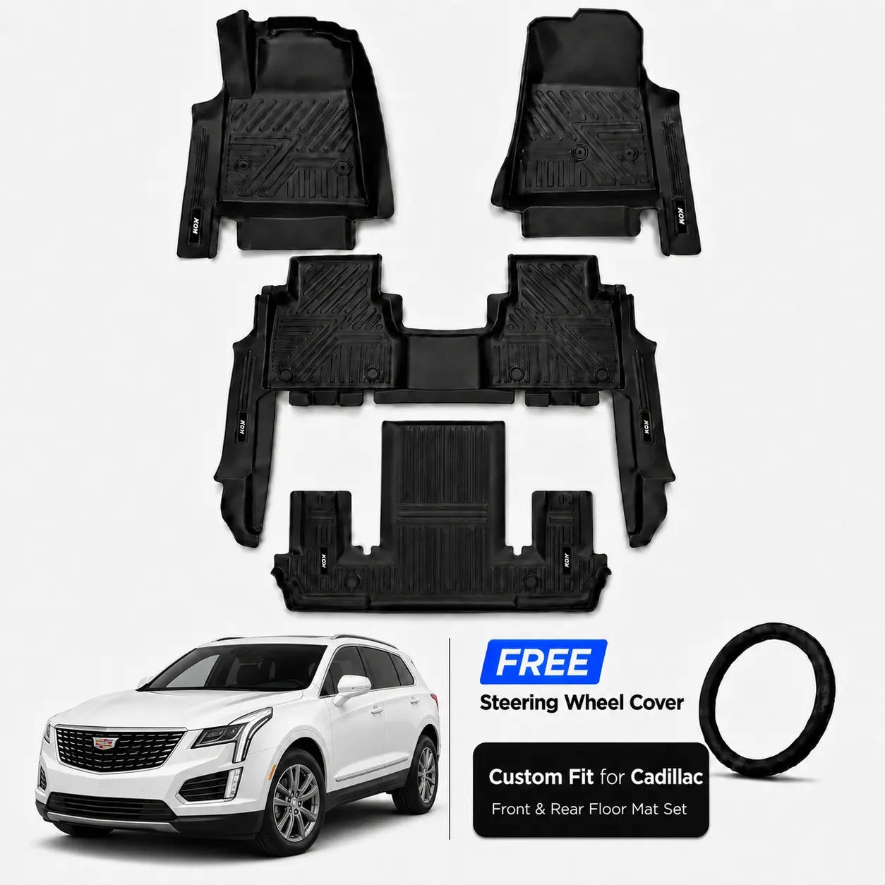 All Weather Pre-Molded Custom TPE Car Floor Mats Full Set with Antislip Clips, Waterproof Deep Dish Liners for Cadillac, Complete Driver-Passenger-Rear Kit + Free Steering Wheel Cover, Cars Accessories