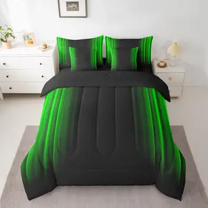 Geometric Abstract Ombre Bedding Set,Men Adults Teens Green and Black Striped Comforter Set with Sheets,Boys Girls Simple Modern Bed in A Bag