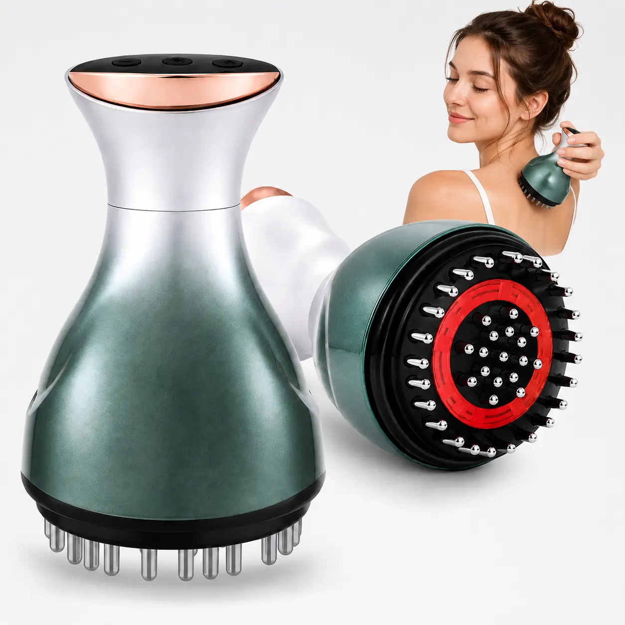 Green Cordless Electric Meridian Brush, Rechargeable Handheld Body Massager with 3 Heat Settings, 3 Vibration Levels, and Digital Display for Soothing Tension