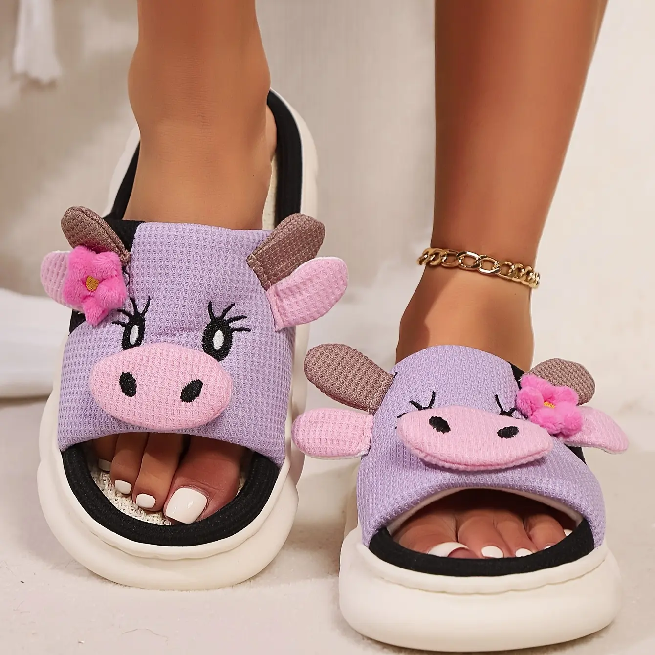 Women's Cute Cow Flower Linen Slide Slippers - Lightweight Slippers, Non-slip Cotton Flat Sole, Anti-odor Thick-soled Indoor Footwear