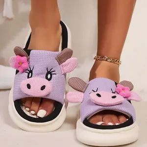 Cute Cow Flowers Linen Slippers, Indoor Home Use Non-slip And Anti-odor, Wear Thick-soled Sandals