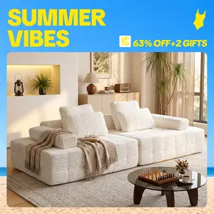 【SummerVibes】113" Boneless Sectional Couch - 2 Packages Shipping, Corduroy Fabric, Fixed Arms, 2-4 Seats, Lumiere Cloud/Mist Haven/Noir Etoile, Glam Look Living Room Boneless Couches Furniture
