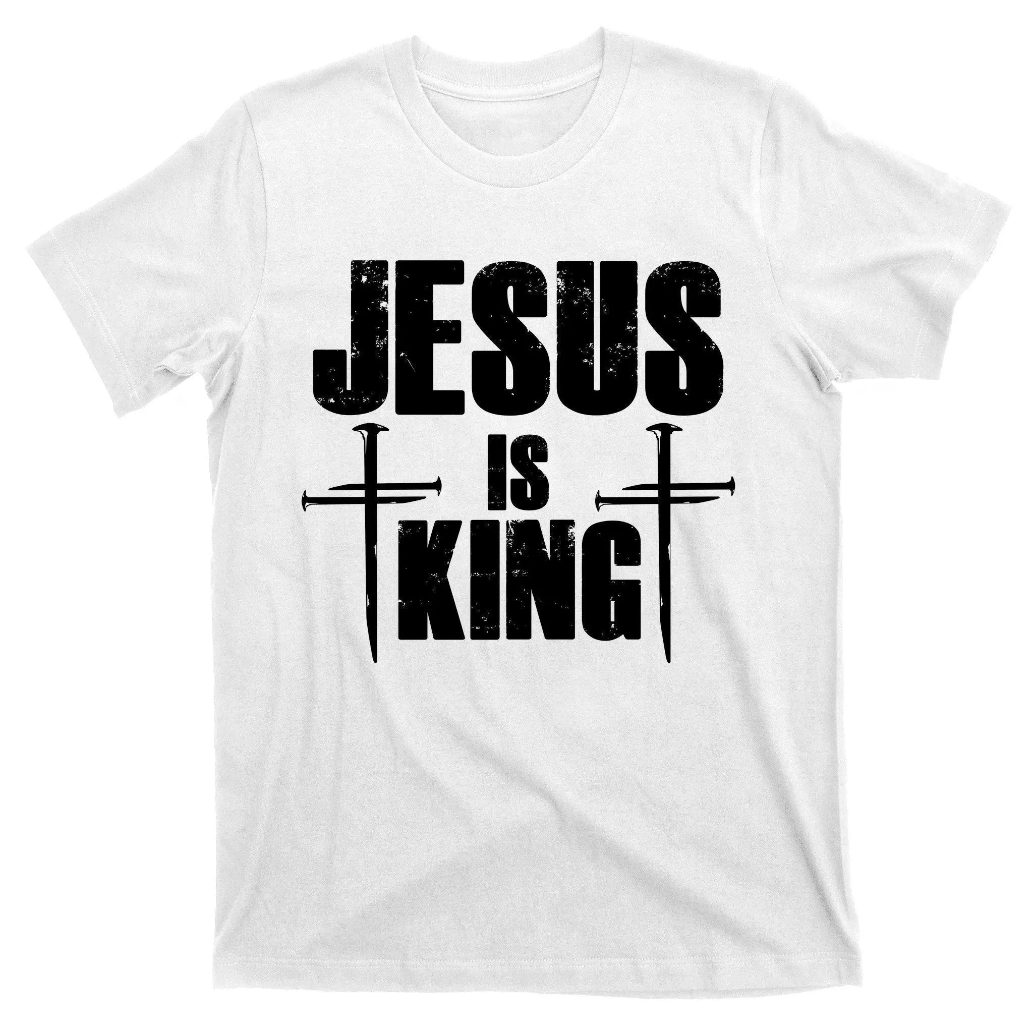 Jesus Is King 3 Nails Cross Christian T-Shirt for Men - Redeemed Collection Classic Crewneck  Top