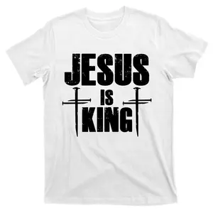 Jesus Is King 3 Nails Cross Christian T-Shirt for Men - Redeemed Collection Classic Crewneck  Top