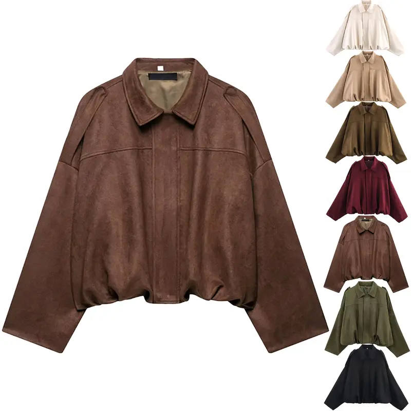 HVEWARM Women's Faux Suede Bomber Jacket Fall Winter Lapel Pilot Coat Casual Oversized Long Sleeves Zip Up Trendy Streetwear Outerwear Soft Luxe Look Classic Trendy Twist