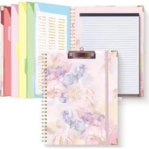 Clipboard Folio with Refillable Notepad for Letter Size (11" x 8.5"), 5 Dividers with 10 Pockets, Elastic Pen Holder and File Folder Labels, Spiral Nurse Clipboard Artboard(Pink Marble)