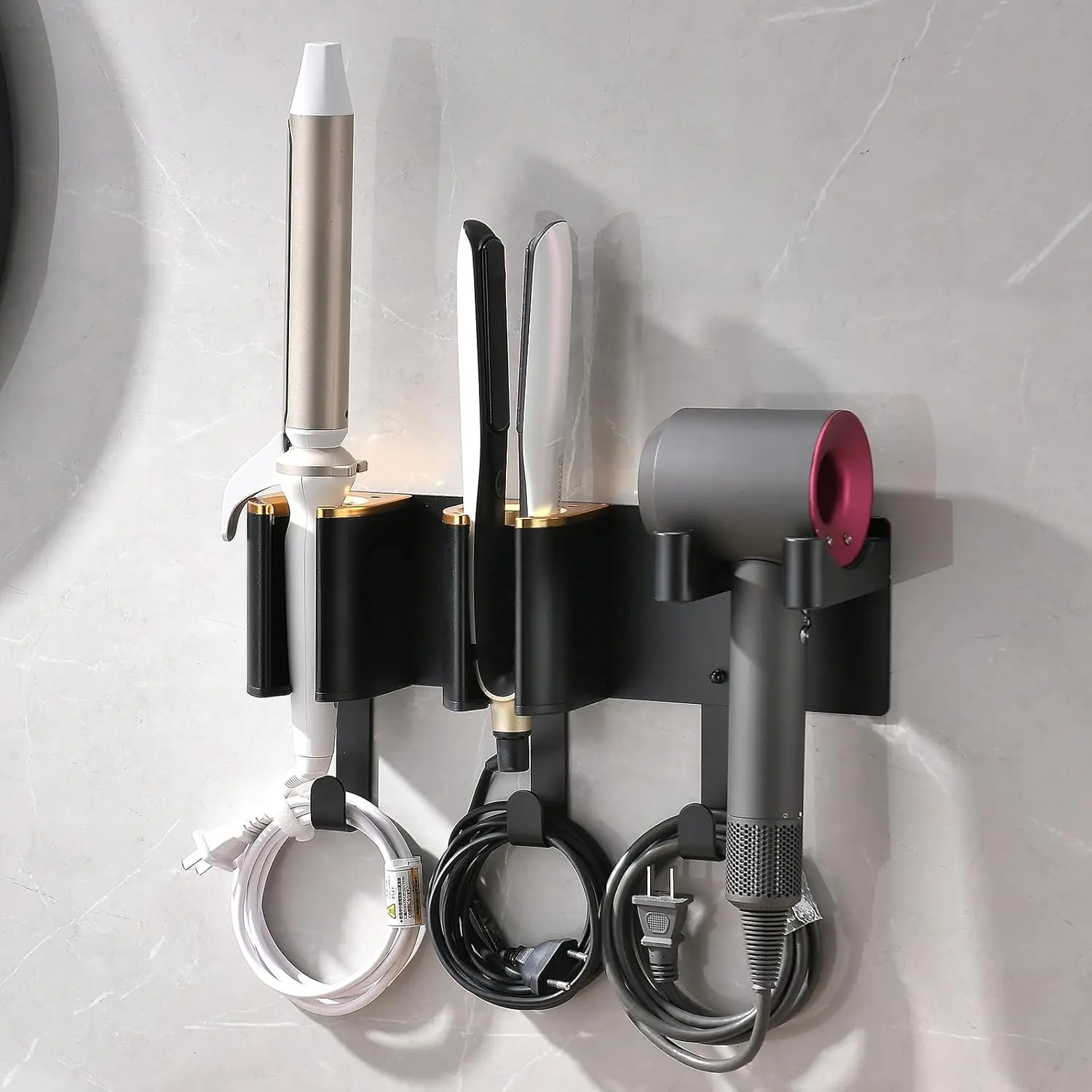 Hair Dryer Holder Wall Mount, Curling Iron Holder, 3 in 1 Hair Tool Organizer for Bathroom Vanity, Hair Straightener Holder, Aluminum Alloy (Hair Tools Not Included)