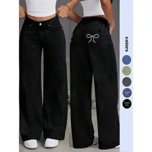 Women's Butterfly Embroidery Wide Leg Jeans, Y2K Vintage Washed 90s Straight Leg Denim Trousers, Women's Denim Jeans for All Seasons Bottoms Button(Sheets)