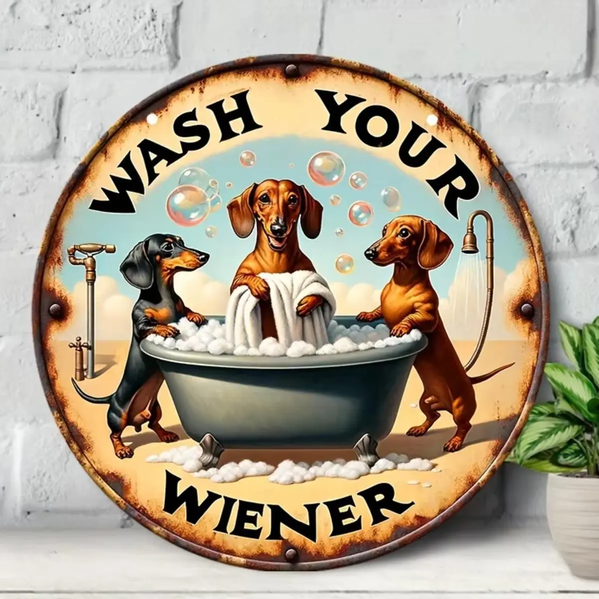 Vintage Dachshund Dog Pattern Wall Sign, Vintage Metal Sign, Decorative Plaque, Round Wall Decor Wall Art, Home Decoration for Home Living Room Bedroom Study Room