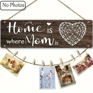 Wooden Photo Hanging Decoration, 1 Set Home Is Mom Letter Pattern Wall Display with 8 Clips, Versatile Hanging Decoration for Home & Office