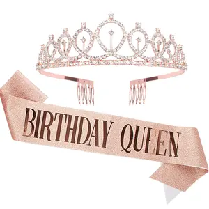 Birthday Crown and Sash for Women - Rose Gold Rhinestone Tiara Set and Sash for Decorations