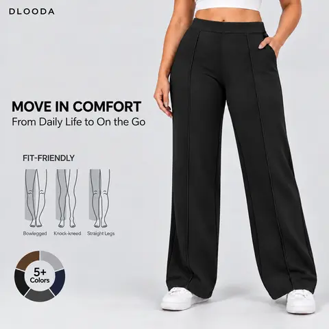 DLOODA Women's High-Waist Elastic Pull-On Pants, 4-Way High Stretch Fabric, Plain Wide-Leg Loose-Fitting, Slant Pockets, Full-Length All-Black, Multi-Size, Minimalist Casual Comfy Stretch Effortless Super Stretchy Pants, All Seasons, Machine Washable