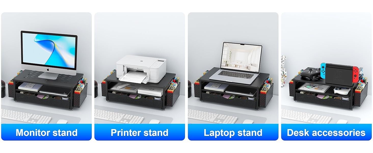 Elegant Monitor Stand with Sliding Drawer & Two Pen Holders Desktop Organizer for Office & Dormitory Use with Ventilation & Non-Slip Pads