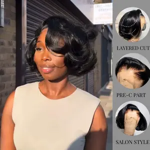 [$59] QTHAIR French Style Blow Out Short Bob Wig Layered Cut Human Hair 13x4 Transparent Lace 250% Density Pre-C part Special Styled Wear Go Wig With Special Drawstring Wig Beginner Friendly Pixie Cut Wig Old Money Style
