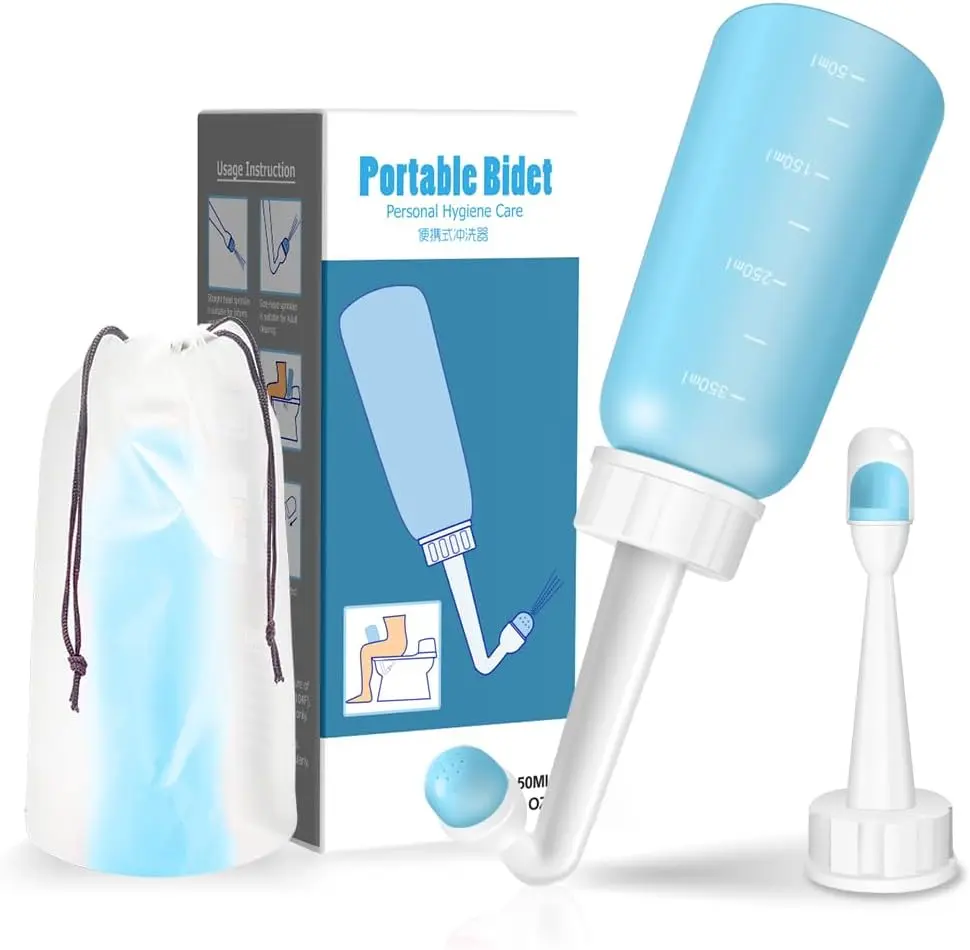 Unisex Use Manual 2-in-1 Portable Bidet Peri Bottle, 11.9 fl oz (350ML) Synthetic-Grade Material Easy-Squeeze Leak-Free Design, 1 Curved Nozzle Camping Travel Handheld Jet Sprayer, Bathroom Fixture Accessory with 1 Storage Bag