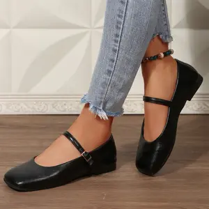 Daily Wear Women's Shoes Buckle Strap, Square Toe, Comfortable and Trendy Flats Indoor Outdoor Shoes