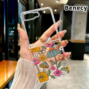 Weird Eyes Mushroom Pattern Transparent Phone Case for Z Flip 7/6/5/4, Folding Design with Central Axis Protection and Full Lens Coverage