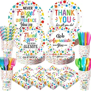 450 Pcs Teacher Appreciation Thank You Tableware Set Serves 50 Polka Dot Paper Plates Napkins Cups Cutlery Straws for Teacher Employee Doctor Party Decorations Supplies