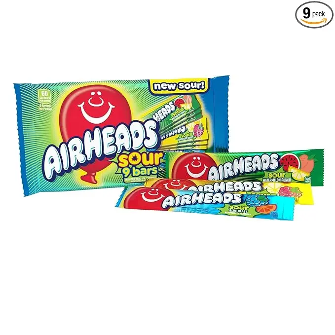 Airheads SOUR Candy Bars, Sour Watermelon Punch, Blue Blast, Lemon Berry Squeeze, 9 Bar Movie Theater Box