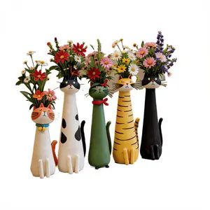 Cat Model Cute Cat Vase Figurine Mini Animal Figures Handcrafted Small Cat Planter Decorative Desk Ornament Home Office Bookshelf Flower Pot For Cats Lovers Pet