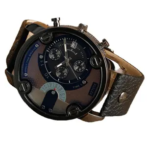 Men's watch, fashionable large dial, European and American style, steel band watch, sports wristwatch, leather strap quartz watch
