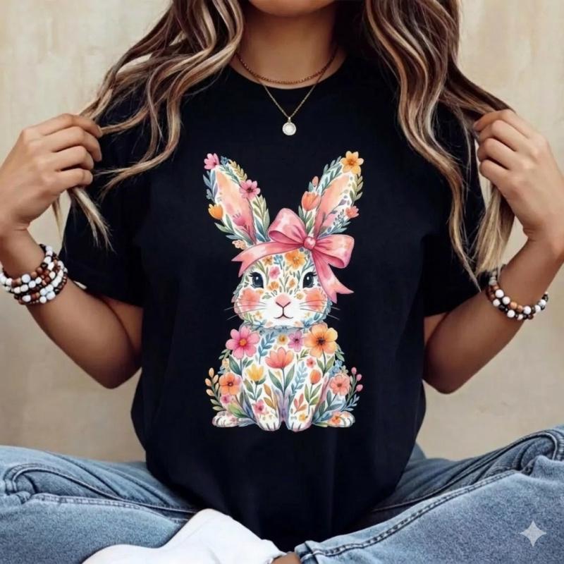 Aesthetic Easter Bunny T-Shirt |   Premium 100% Cotton Heavyweight Tee |   Cute Pink Bow & Flower Graphic Top |   Soft Breathable Casual Crewneck |   Perfect 2026 Spring Festival Gift |   Trendy Pastel Colors Apparel
