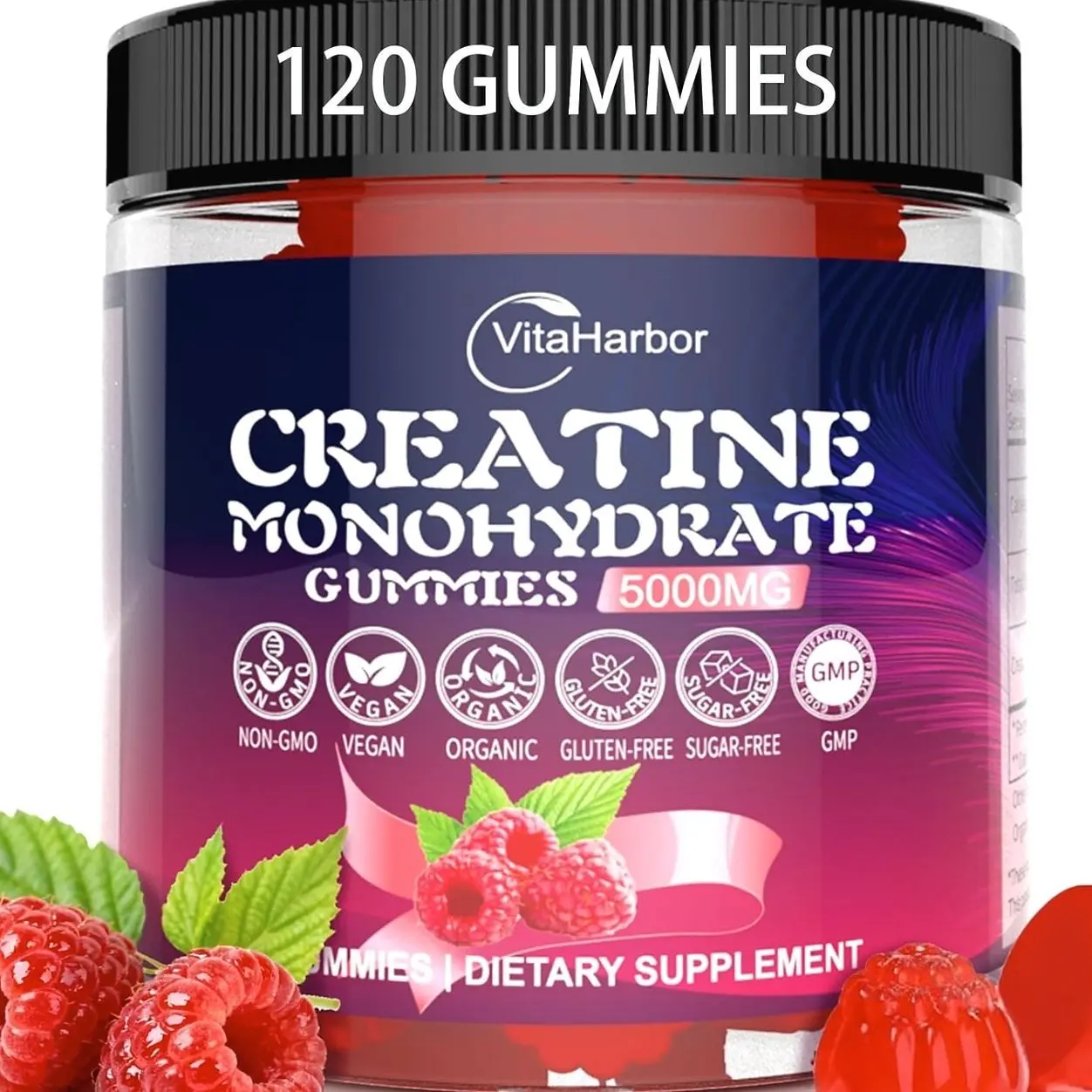 Creatine Monohydrate Gummies 5000mg for Men & Women, Organic Pure Creatine Gummies | Sugar Free,Vegan, Non-GMO,Raspberry Flavor, 120 Count
