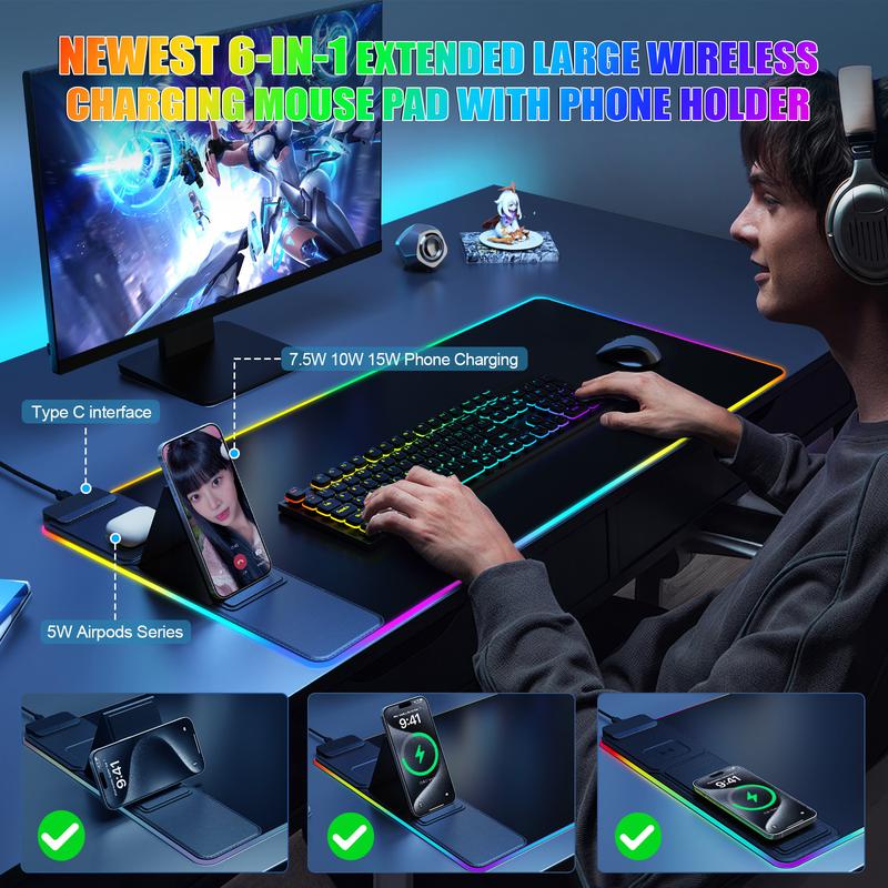 XXL Gaming Mouse Pad with Magnetic Wireless Charging, RGB Black Mousepad Desk Mat with 15W Fast Charger, Waterproof Laptop Writing for Office, Home, Gaming Desktop Accessory shopblackfriday Christmas 【Christmas】 game Foldable