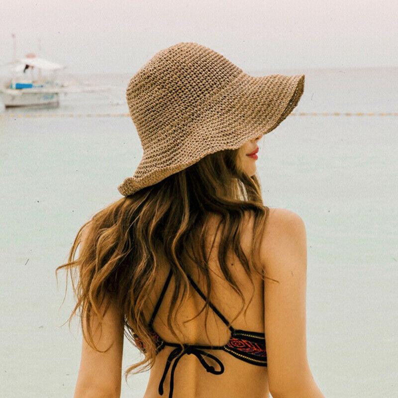 Women Summer Sun Hats Casual Solid Color Straw Hat Wide Brim Beach Hat Foldable Beach Travel Cap