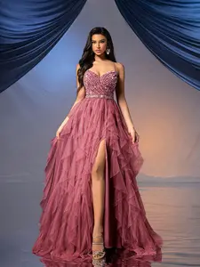 Fairy Style Women's Formal Dusty Rose Backless Sequined Mesh Evening Gown with High Slit A-Line Romantic Long Dress for Wedding Cocktail Party Charity Balls Womenswear Chic