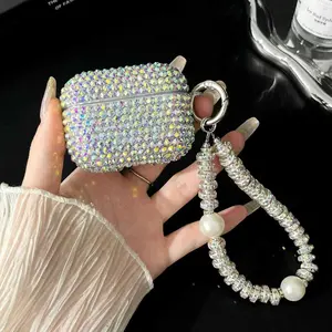 Iridescent Full Diamond Pearl Chain Case for AirPods Pro | Full Iridescent Rhinestones + Pearl Diamond Chain + Precise Opening/Closing | Scratchproof Shockproof | Outing Portable Sparkling Decor Style Audio