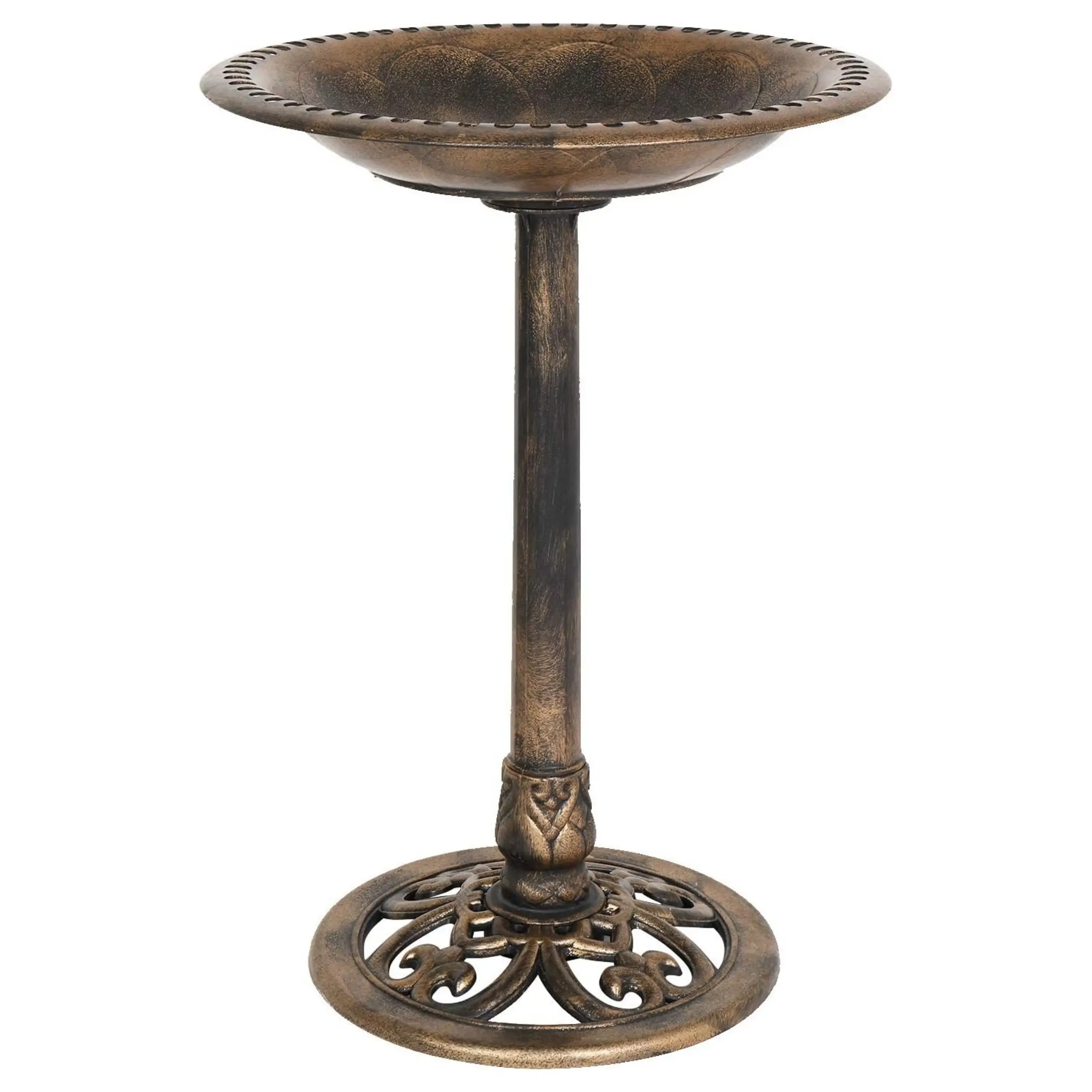 Pedestal Bird Bath 28 Inch Antique Copper Resin Birdbaths Weather Resistant Floral Accents and Vintage Finish Garden Decor for Outdoor Lightweight Cou