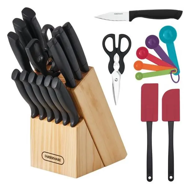 Farberware Classic 23 Piece Never Needs Sharpening Dishwasher Safe Stainless Steel Cutlery and Utensil Set in Black - Knife Block Set with Chef, Bread, Santoku & Steak Knives