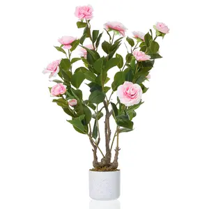 Garvee Artificial Camellia (75/85/90/110/120 cm), Artificial Camellia with 16/20/24 Flowers, Potted Artificial Plant for Home, Front Door, Indoor and Outdoor