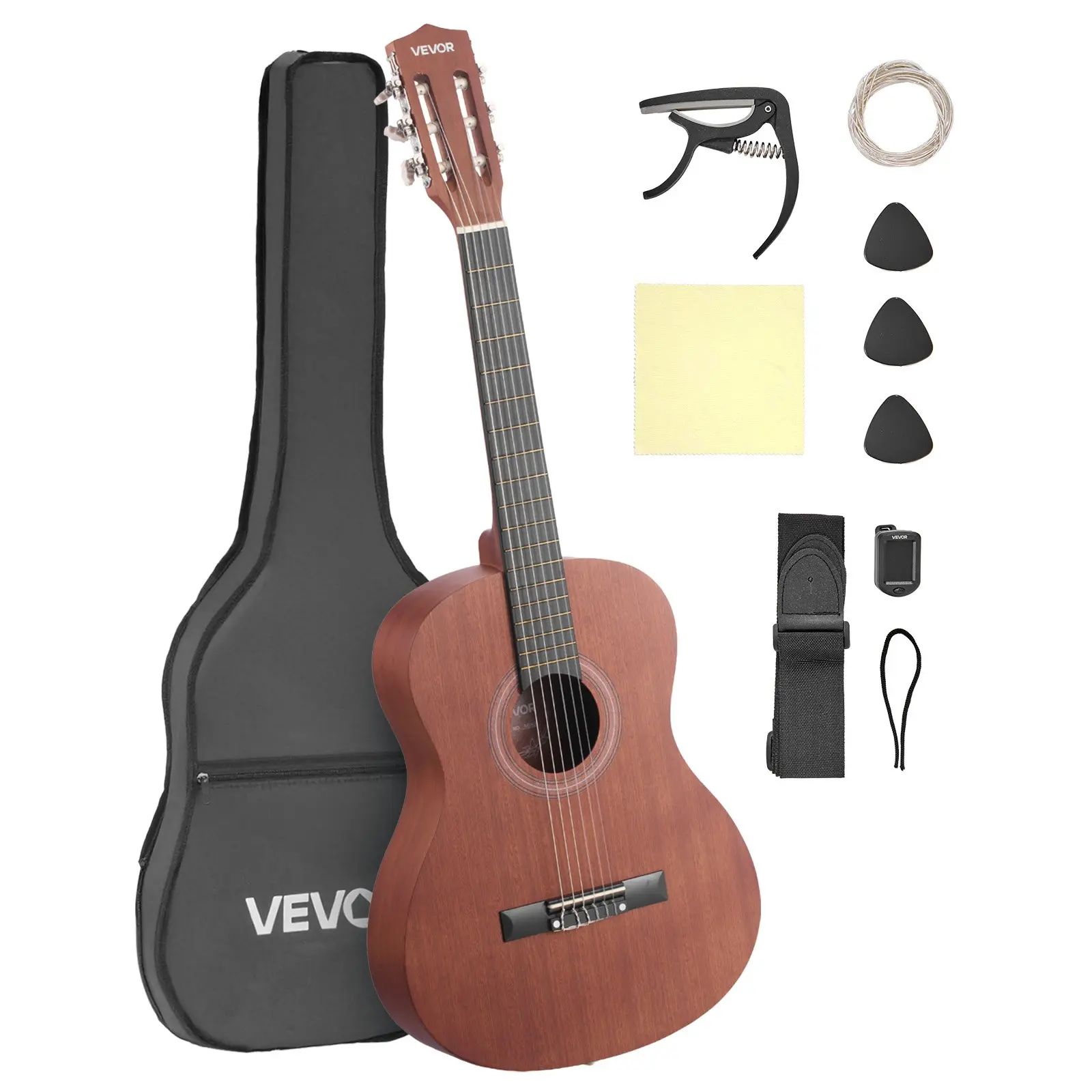 【Summerfinds】VEVOR M5821 36 In/900 Mm Sapele & Rosewood Wooden Body Classical Guitar Full Set for Beginners, Girls - Nylon Strings Tool W/ Gig Bag, Shoulder Strap, Tuner, Extra Strings, Picks, Capo, Natural Finish, Effortless & Accurate Tuning