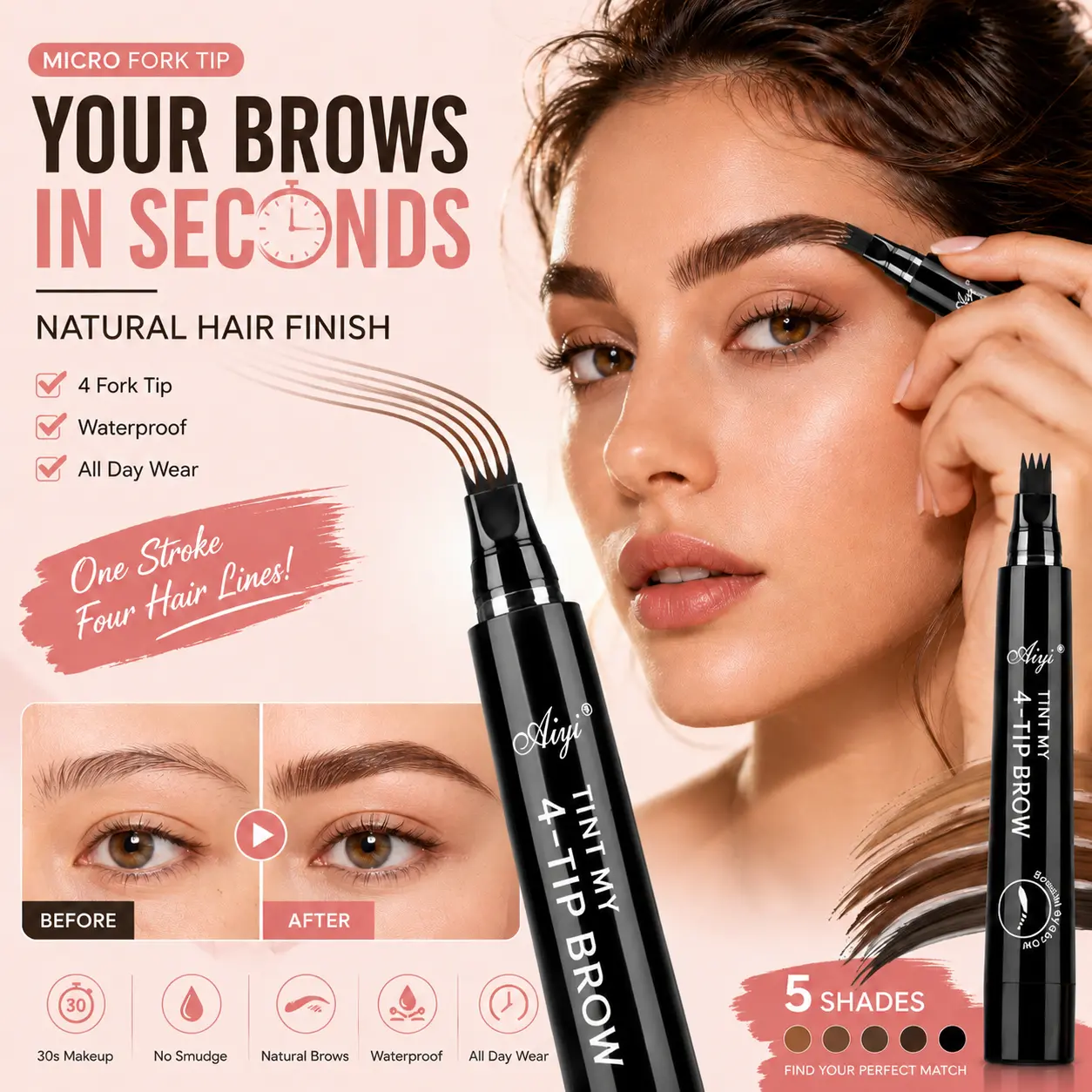 4 Tip Brow Pen, Waterproof Microblading Eyebrow Pen, Long Lasting Liquid Eyebrow Pencil with Hair-Like Strokes, Smudge Proof Sweat Resistant Brow Tint for Natural Brows, Easy for Beginners