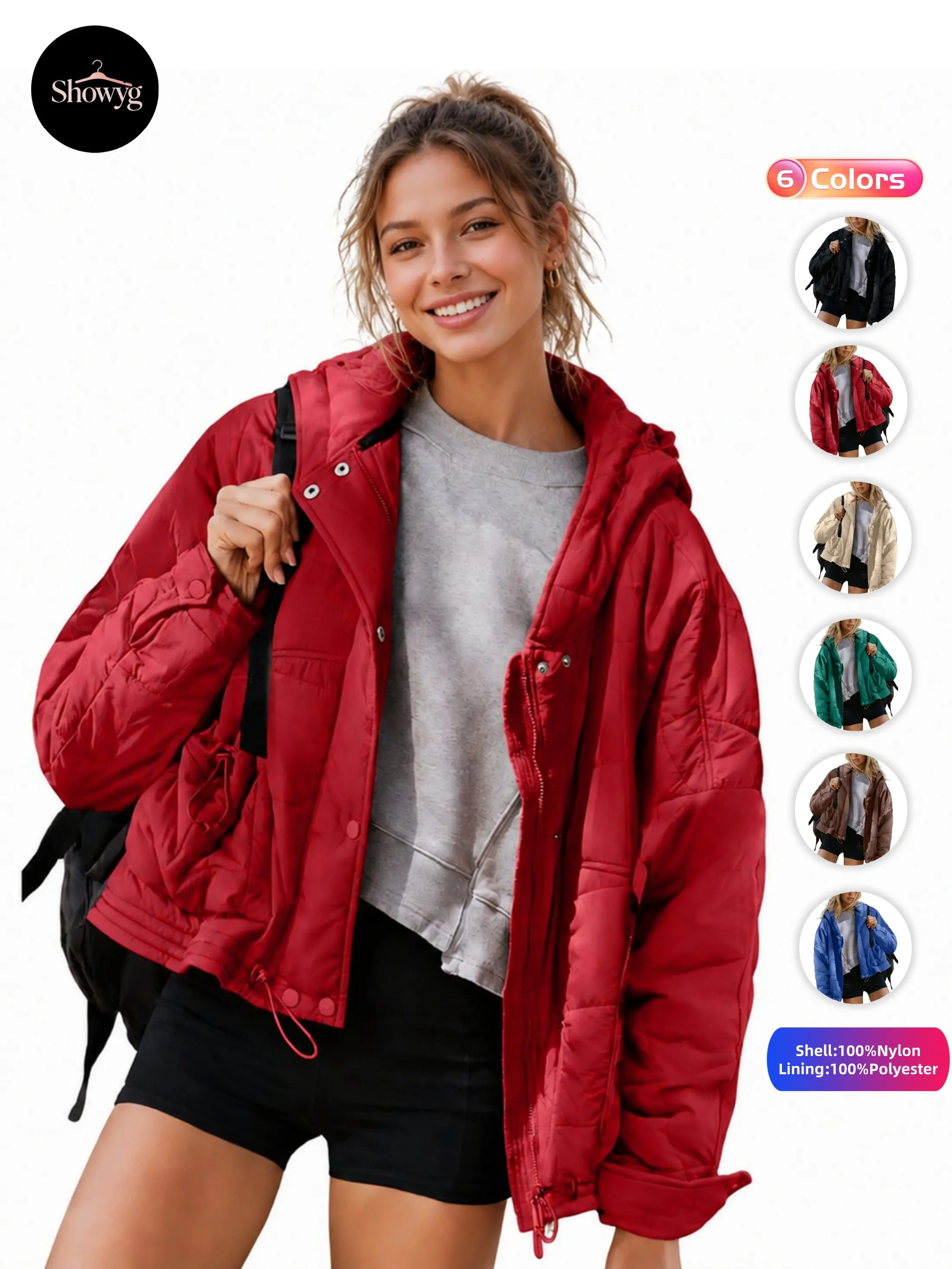 Showyg Women's Oversized Hooded Quilted Puffer Jacket, Mock Neck, 100% Nylon Shell, Zip & Button Closure, Lightweight Winter Coat With Pockets, Casual Commute Outerwear