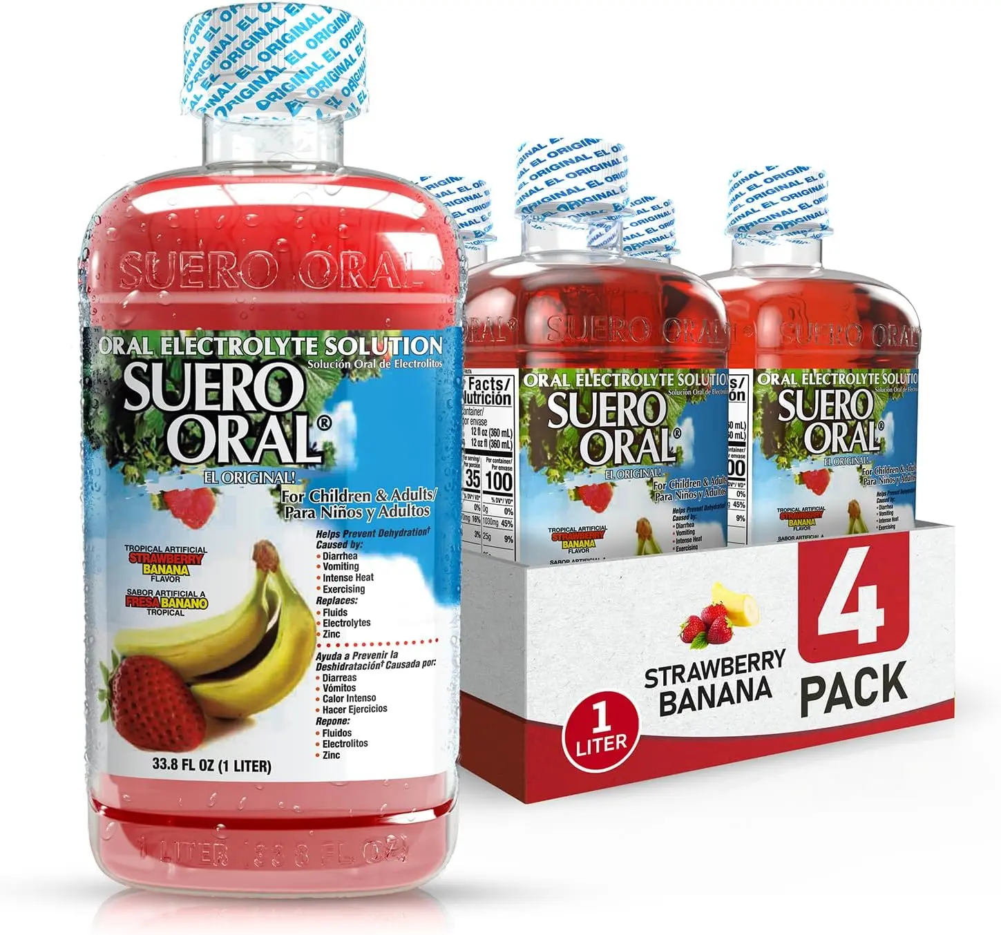Suero Oral -Electrolyte Solution - Strawberry Banana- 4 Pack - Electrolytes Drink, Hydration Booster & Rehydration Drink for Kids & Adults, Hydrates, Replenishes, Energizes, Strawberry Flavor, 1 Liter