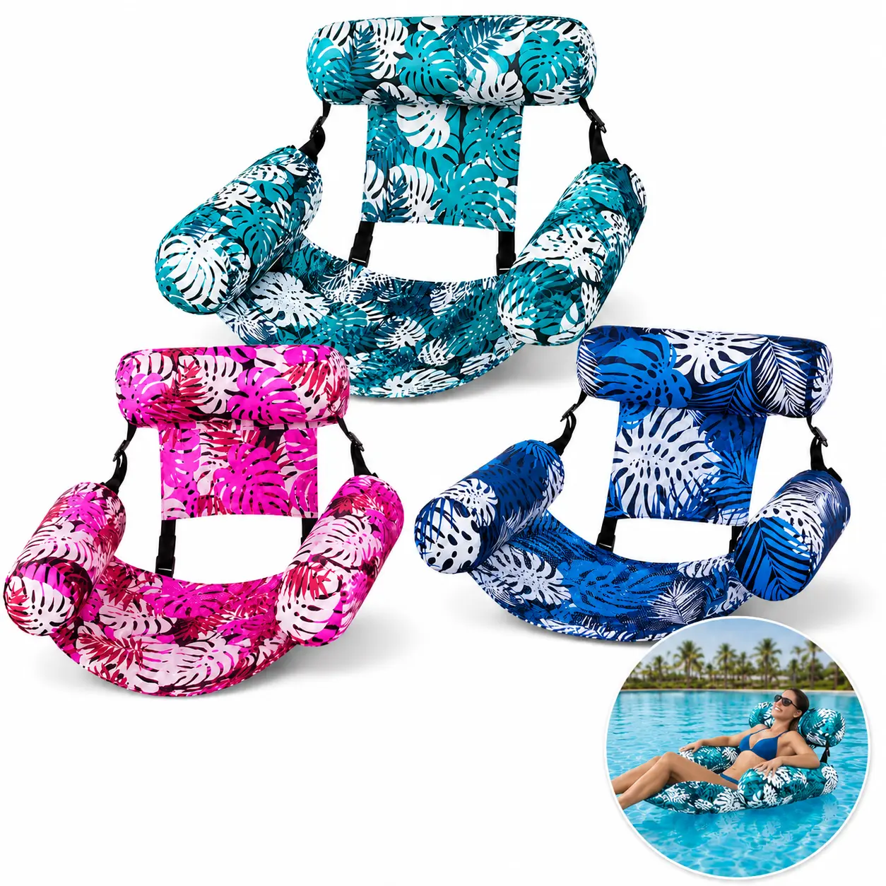 Inflatable Pool Float Chairs 3/2Pack for Adults, Heavy Duty Fabric Covered Floating Lounge Chairs with Mesh Seat, Blow Up Pool Noodle Lounger for Beach, Lake, Pool Party & Summer Fun