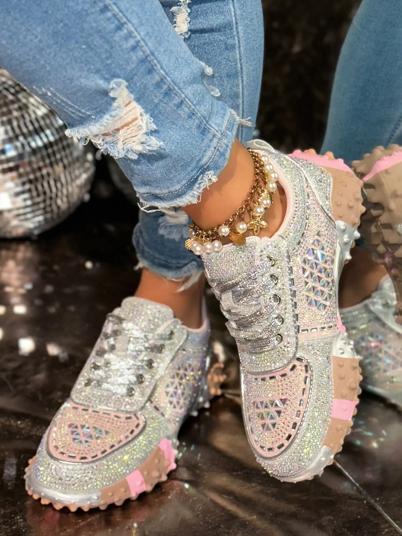 Women's Casual Shoes with Durian Sole, Trendy New Spring Full Diamond Rhinestone Thick Bottom Colorblock Sport Dad Trainer Sneakers