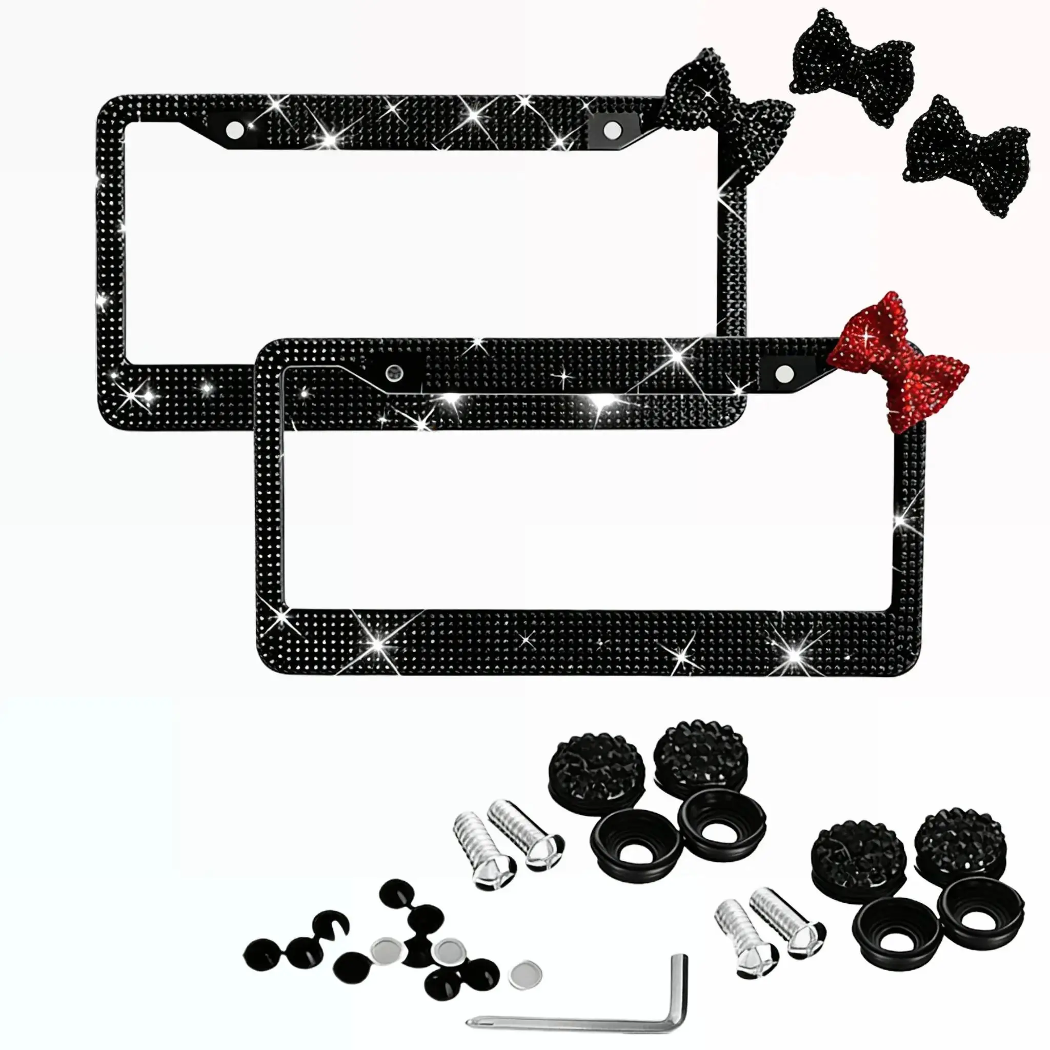 2 Pack Bling License Plate Frame，Handcrafted Bling Rhinestone Premium Stainless Steel License Plate Frame，14 Facets Clear Color Rhinestone Crystal Car Accessories Truck Automotive Vehicle