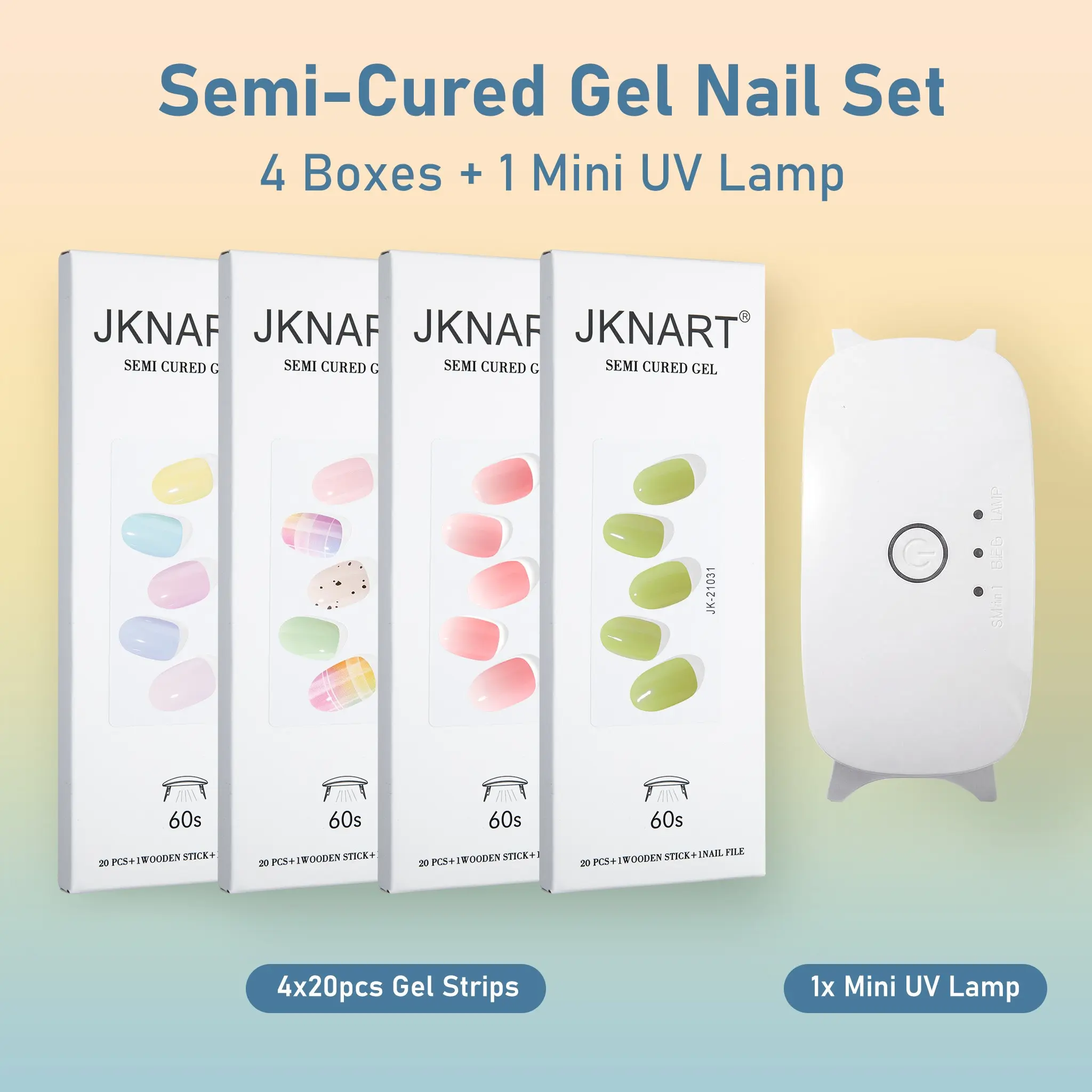 Jknart Nail Art Kit, 4 Boxes Semi-Cured Gel Stickers + UV Lamp, UV Gel Set, Easy Home Manicure, No Damage, Simple Operation, Perfect for DIY