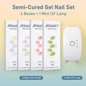 Jknart Nail Art Kit, 4 Boxes Semi-Cured Gel Stickers + UV Lamp, Easy Home Manicure, No Damage, Simple Operation, Perfect for DIY