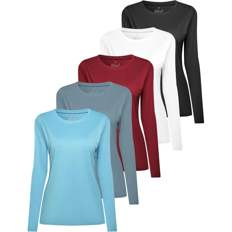 Women's 5-Pack Long Sleeve Loose-Fitting Quick Dry UV Protection Rash Guard T-Shirts - Lightweight, All-Seasons, Universal Fit Female Outdoor Sports Top for Running, Hiking - Solid Colors: Black, White, Dark-Green, Lime, Dark-Pink - Multi-Size
