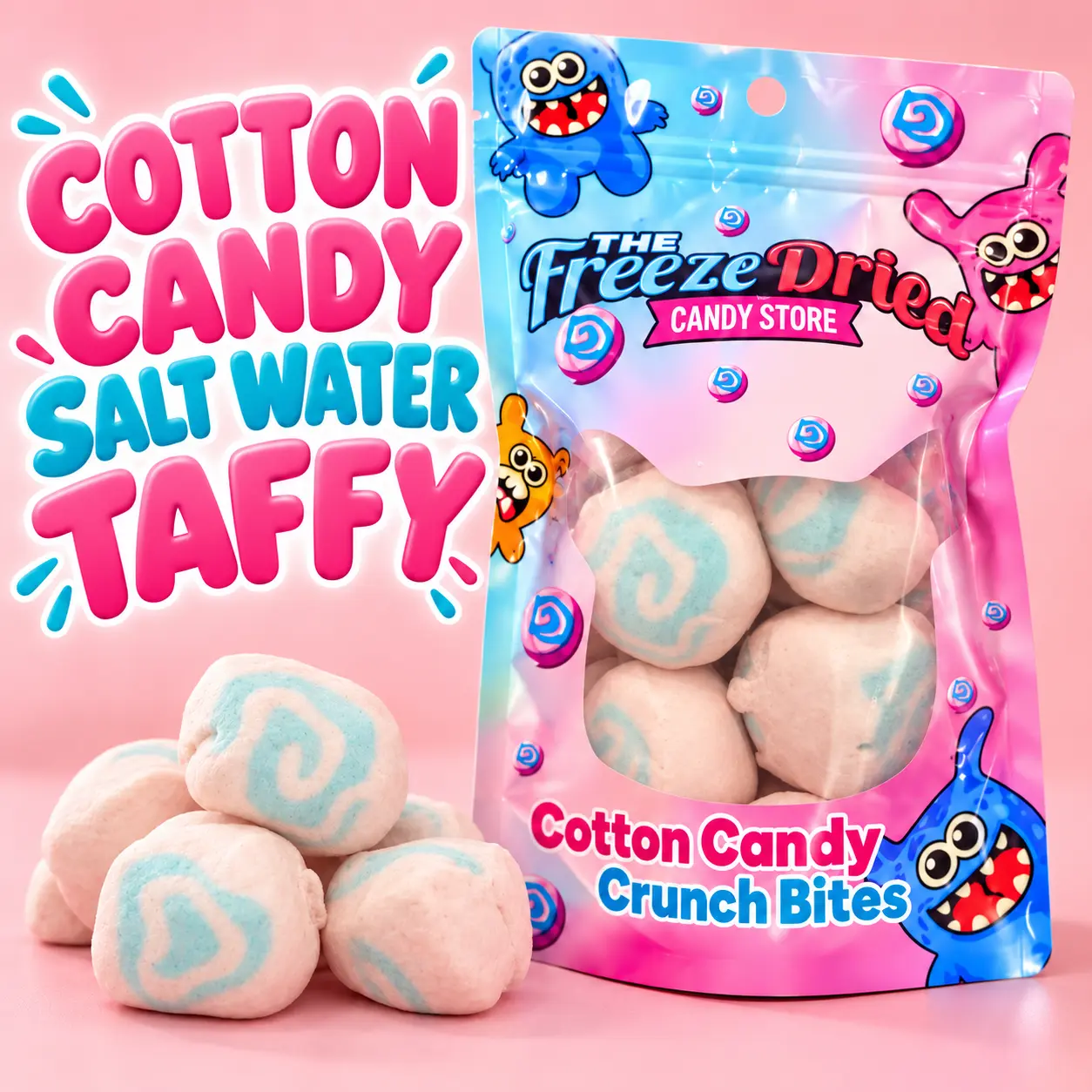 Freeze-Dried Cotton Candy puffs Salt Water Taffy Crunch Bites Snack Bonbon - Airy, Melts-in-Mouth Texture, Intensified Flavor - Re-sealable Bag - Made in the U.S.A.