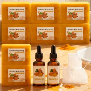 10-Piece Turmeric Care Set, including 8 pieces of 100g turmeric kojic acid granular soap and 2 pieces of 30ml turmeric essence, plus 3 free lather nets as gifts, Skin Care Sets
