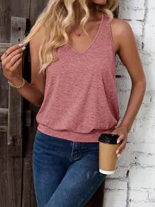 Elegant V-Neck Colorful Cotton Knit Women's Casual Vest Tops, Perfect for Spring & Fall, Fitted Style, Essential Wardrobe Item